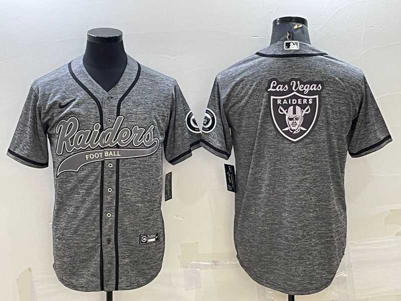 Men%27s Las Vegas Raiders Grey Team Big Logo With Patch Cool Base Stitched Baseball Jersey->las vegas raiders->NFL Jersey